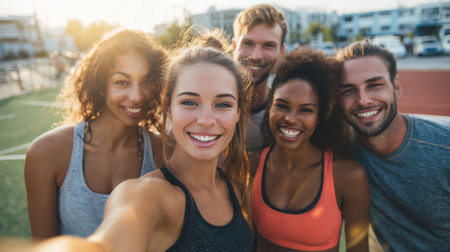 Friends cheerfully gather on a sports field to capture a joyful moment in the sunlight.の素材
