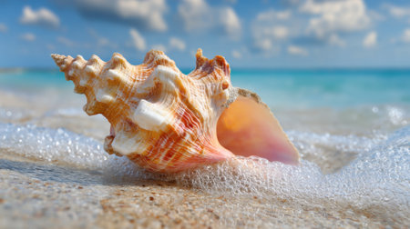A beautiful seashell lies on the warm sand as waves softly crash around it on a sunny day.の素材