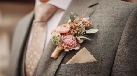 Stylish boutonniere adorns a formal suit featuring delicate blooms and rich textures in warm hues.の素材