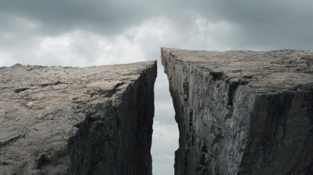 Stunning split rock formations rise dramatically against a cloudy backdrop showcasing natures power.の素材