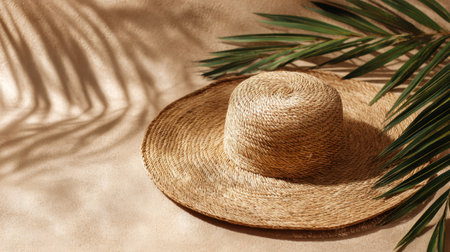 A beautiful straw hat lies gracefully next to green palm fronds on a warm sandy backdrop.の素材
