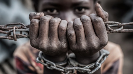 A young boy grips rusty chains revealing the harsh reality of his life in a somber location.の素材