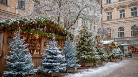Snow blankets the ground while decorated trees and market stalls create a festive winter scene.の素材