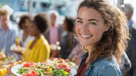 A joyful woman holds a colorful plate of fresh food during a lively outdoor gathering with friends.の素材