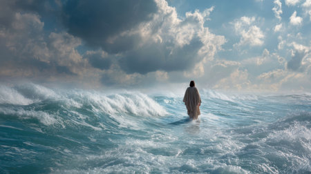 A figure walks calmly on water as waves crash around under a sky filled with clouds at dusk.の素材