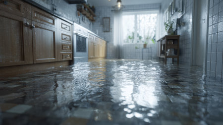 Water covers the kitchen floor with sunlight streaming in from the windows creating a serene yet chaotic scene.の素材