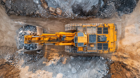 Large yellow machine moves rocks at a construction site early in the morning under clear sky.の素材