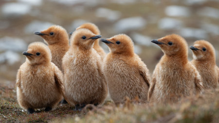 Soft and fluffy chicks huddle closely enjoying the warmth and safety of their surroundings.の素材