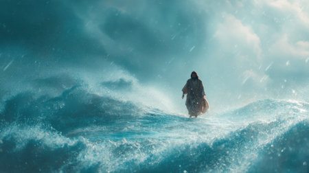 A lone figure navigates rough ocean waves while dark clouds swirl above creating a dramatic scene.の素材