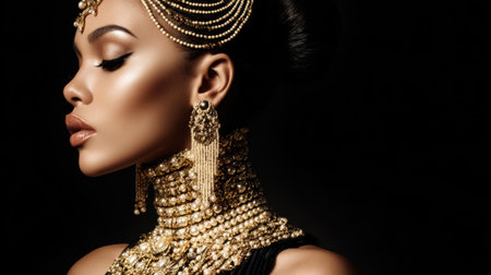 A stunning woman displays intricate gold jewelry highlighting her beauty and cultural heritage.の素材