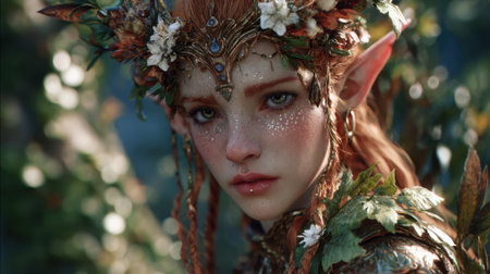 A captivating forest spirit adorned with leaves and flowers looks directly at the viewer radiating magic.の素材
