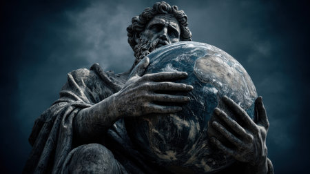 A majestic figure stands cradling the Earth evoking strength and connection to the universe.の素材