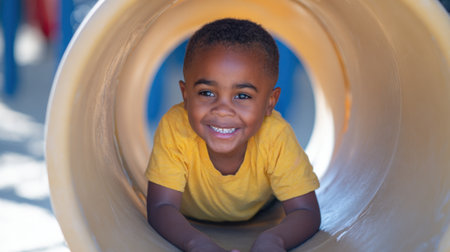 Young boy in a yellow shirt smiles brightly while crawling through a playground tunnel on a sunny day.の素材