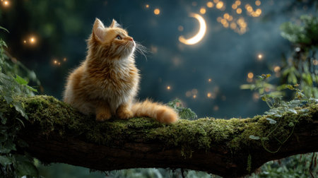 A fluffy orange cat sits on a mossy branch gazing at the crescent moon and twinkling lights.の素材