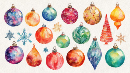 Brightly colored ornaments in different shapes and sizes decorate a festive background evoking joy.の素材