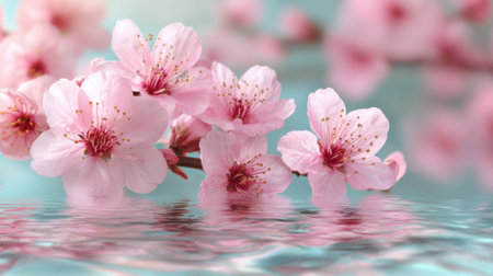 Cherry blossoms bloom gracefully their pink petals mirrored in tranquil water creating a serene scene.の素材