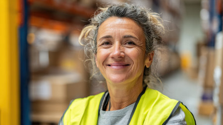 Woman with curly hair smiles warmly while working among shelves of products in a warehouse.の素材