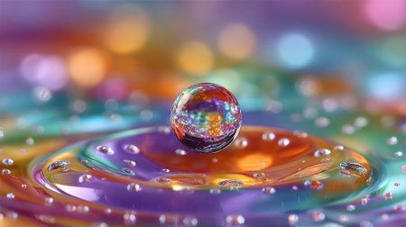 A water droplet falls sending ripples across a surface of dazzling colorful liquid reflections.の素材