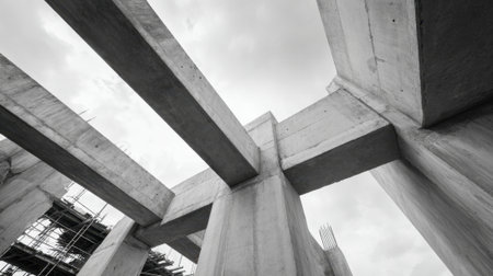 This striking view captures the skeletal framework of a concrete building with dramatic clouds above.の素材