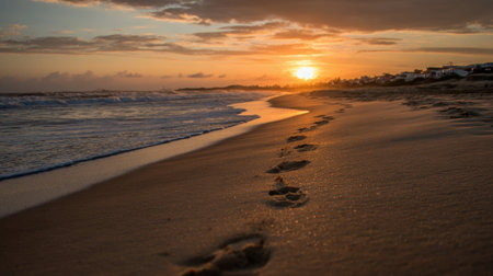 Waves gently lap on the shore as the sun sets painting the sky with warm colors.の素材