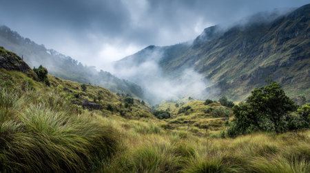 Rolling hills and canyons emerge from the mist creating a serene atmosphere in natures embrace.の素材