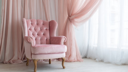 Soft pink armchair rests beside sheer curtains creating a cozy and inviting atmosphere in the room.の素材
