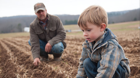 A child carefully examines soil while an adult digs nearby in a rural farm setting.の素材