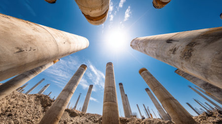 Tall concrete pillars stand against a vivid blue sky capturing sunlight on a construction site.の素材