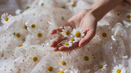Soft gentle hands hold bright daisies that rest on a flowing airy fabric filled with golden accents.の素材