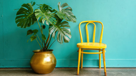Bright yellow chair sits next to a lush green plant in a golden pot all set against a turquoise backdrop.の素材