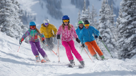 Group of happy skiers enjoying a thrilling day on the slopes in fresh snow.の素材