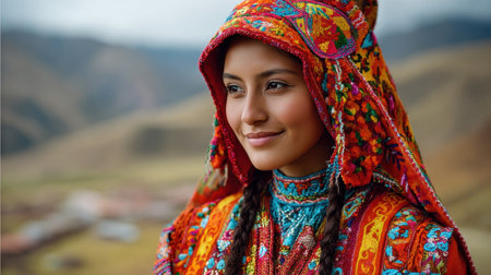 A young woman in colorful traditional clothing stands proudly in the Andean mountains showing her culture.の素材
