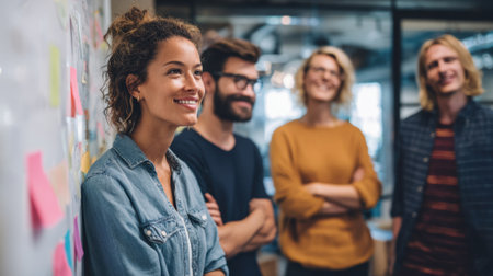 Group of four colleagues share ideas and smiles during a lively brainstorming session.の素材
