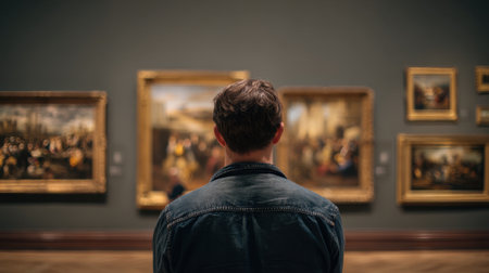 A person stands captivated by beautiful paintings in an elegant art gallery enjoying the serene atmosphere.の素材