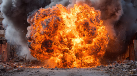 A massive explosion fills the street with fire and smoke destroying the surroundings in chaos.の素材