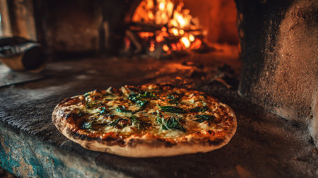 A delicious pizza with fresh greens bakes in a stone oven as flames dance warmly around it.の素材