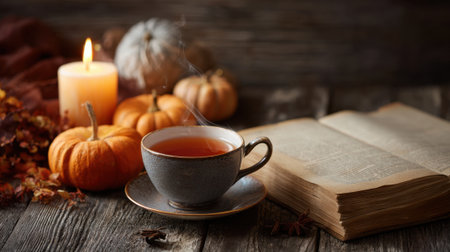 A steaming cup of tea sits next to a lit candle and pumpkins creating a warm autumn vibe.の素材