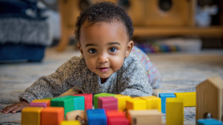 A curious baby crawls among vibrant wooden blocks during playtime in a warm setting.の素材
