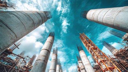Tall concrete pillars rise towards a vibrant blue sky as construction progresses on a busy site.の素材