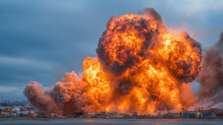 Flames and smoke billow into the air as a powerful blast occurs at an industrial location evening light glows.の素材