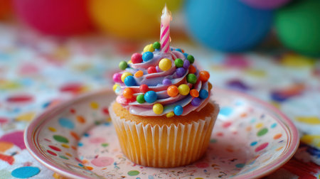A delightful cupcake topped with frosting and colorful sprinkles sits on a decorated plate.の素材