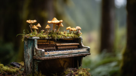 In a tranquil forest a weathered piano sits adorned with vibrant mushrooms and lush moss.の素材