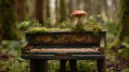 In a serene forest an old piano stands enveloped by vibrant moss and mushrooms blending art with nature.の素材