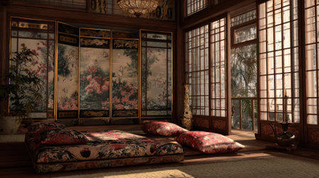Soft cushions are spread across the wooden floor in a calming Japanese room filled with light.の素材