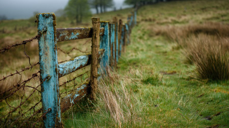 A weathered blue fence stretches across a green field shrouded in soft morning fog.の素材