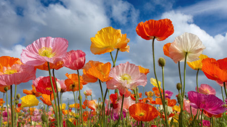 A field is filled with colorful poppy flowers swaying gently in the spring breeze beneath a bright sky.の素材