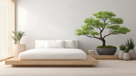 A serene bedroom showcases a sleek platform bed with bright bedding and a stunning bonsai tree.の素材
