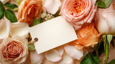 Delicate roses in soft colors surround a blank tag perfect for personal messages.の素材