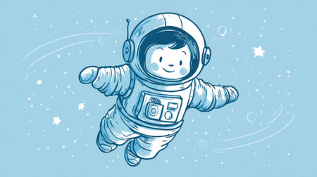A cheerful child dressed as an astronaut explores space joyfully floating through a starry blue background.の素材
