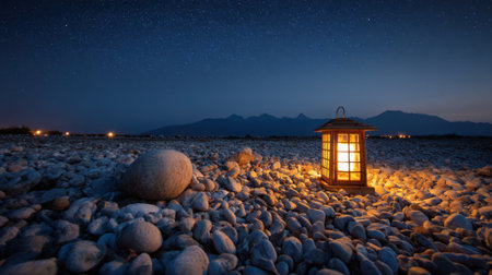 A warm lantern lights up smooth pebbles by the water while a starry sky blankets the scene at night.の素材